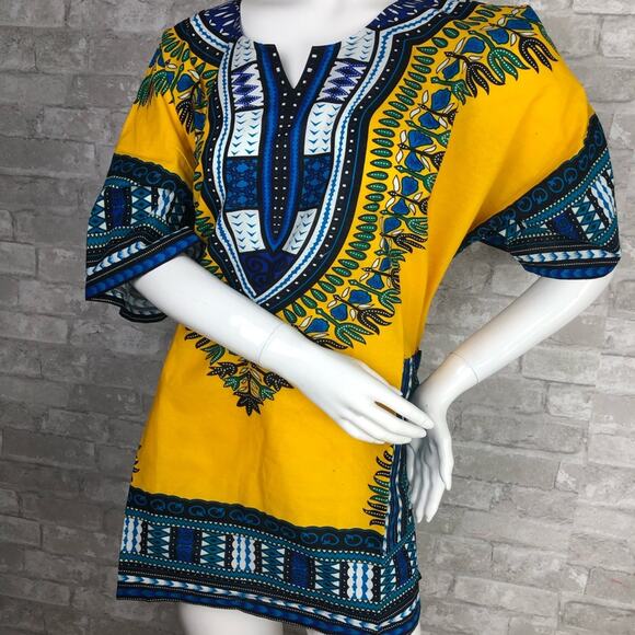 Izzy & Liv Unisex Yellow Blue One Size Fits Most Dashiki Shirt - Picture 3 of 6